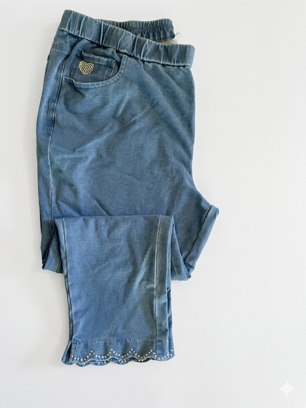 Quacker Factory Blue Stretch Jeggings with Scalloped Rhinestone Hem